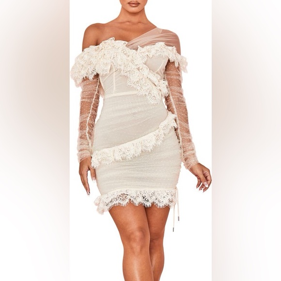 House of CB 'Sorrel' Tulle Asymmetric Minidress Ivory Large NWT - Picture 4 of 11
